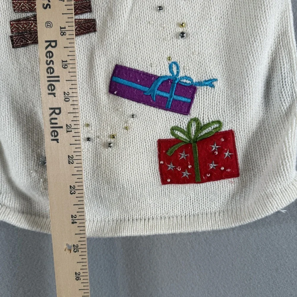 Studio Joy Christmas Tree & Gifts Ugly Sweater Cardigan Women's‎ L Cream